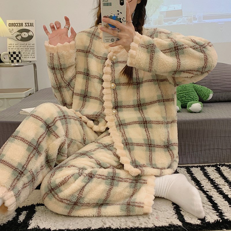 睡衣女生秋冬f睡衣加厚保暖舒密绒280克提花可爱甜美家居服两件套