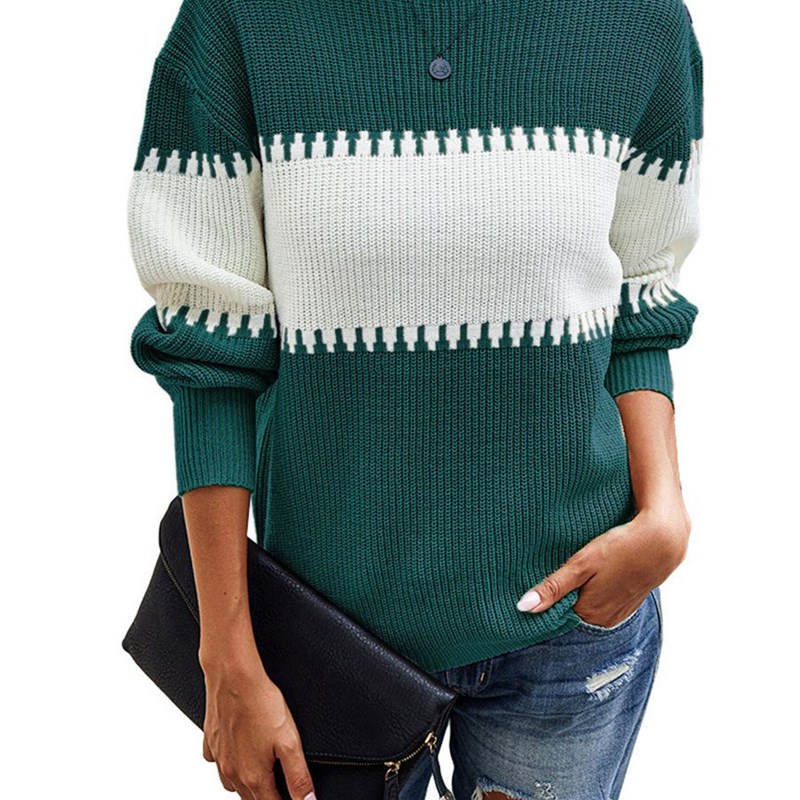 现货亚马逊欧美j撞色套头条纹毛衣女灯笼袖上衣女装外贸