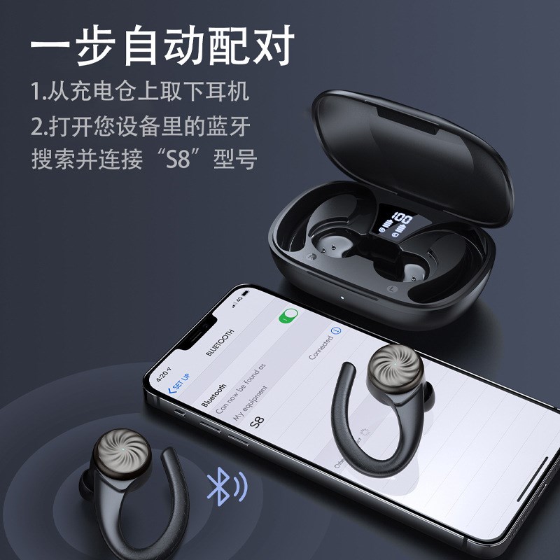 跨境私模S8蓝牙耳机大电量超y长续航挂耳数显降噪电竞游戏运动耳