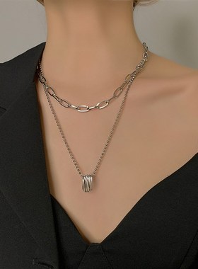 新款双层叠戴项链女卫衣链毛衣B链长款百搭简约装饰轻奢小众饰品