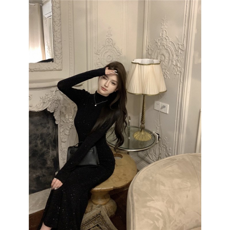 设计感小众半f高领烫钻连衣裙秋季显瘦内搭加厚赫本风短袖长裙子