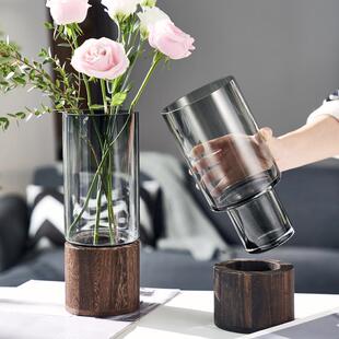 创意简约木托玻璃花瓶直筒原色摆件水养鲜花玫瑰客厅餐桌插花装饰