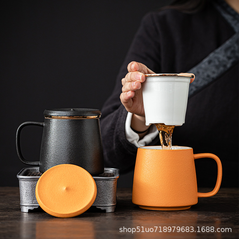 陶瓷茶水分离泡茶杯粗陶办公杯陶瓷手柄马克杯大号茶杯可批发