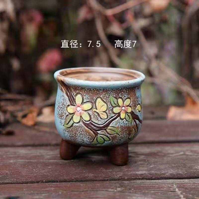 韩式拇指盆手工刻印彩绘陶t瓷粗陶桃蛋叶插苗简约控型形多肉小花