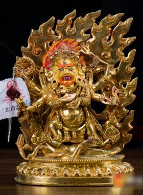 家用现代大黑天铜像摆件尼泊尔手工铜全鎏金六臂玛哈嘎拉铜像