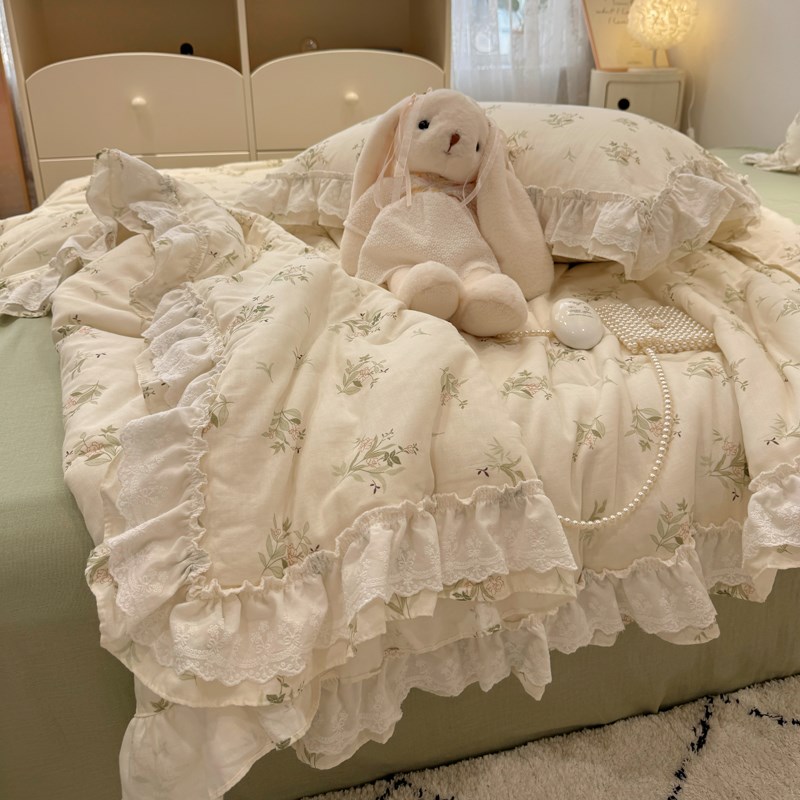 仙女款荷叶边全棉双层纱夏被四件套可机洗空调被单双人薄被子