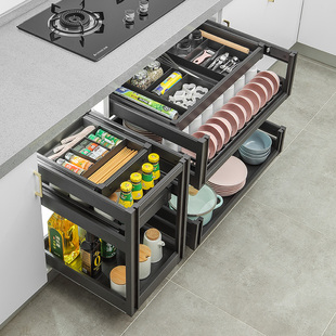 厨房橱柜拉篮三层铝合金抽中抽双层碗碟工具收纳拉篮抽屉式碗碟篮