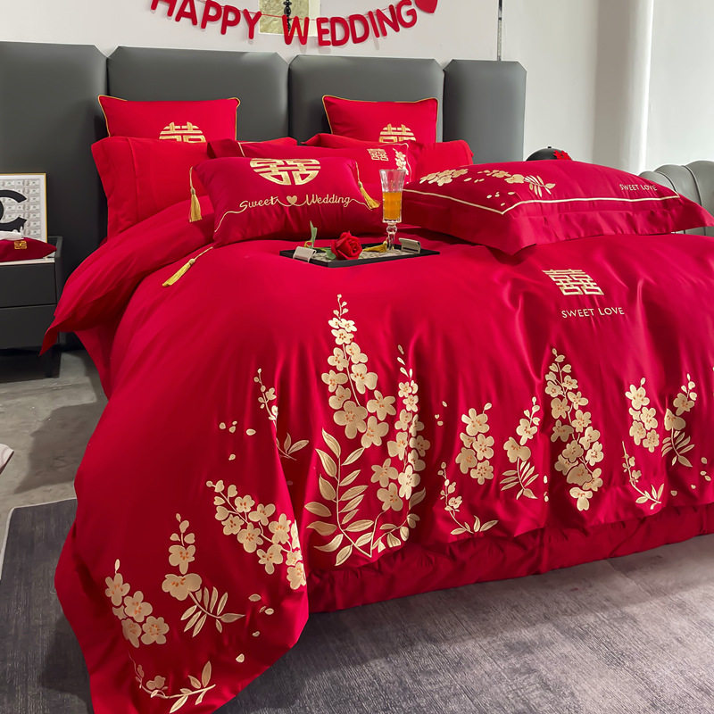 高档简约160支红色全棉结婚四件套纯棉婚庆喜被陪嫁新婚床上用品4