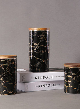 北欧大理石纹密封罐带盖陶瓷储物罐子收纳盒咖啡花茶糖果罐摆件