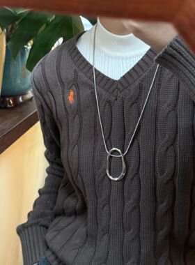 极简主义银色椭圆项链休闲风简约气质抽拉小众设计长款毛衣链配饰