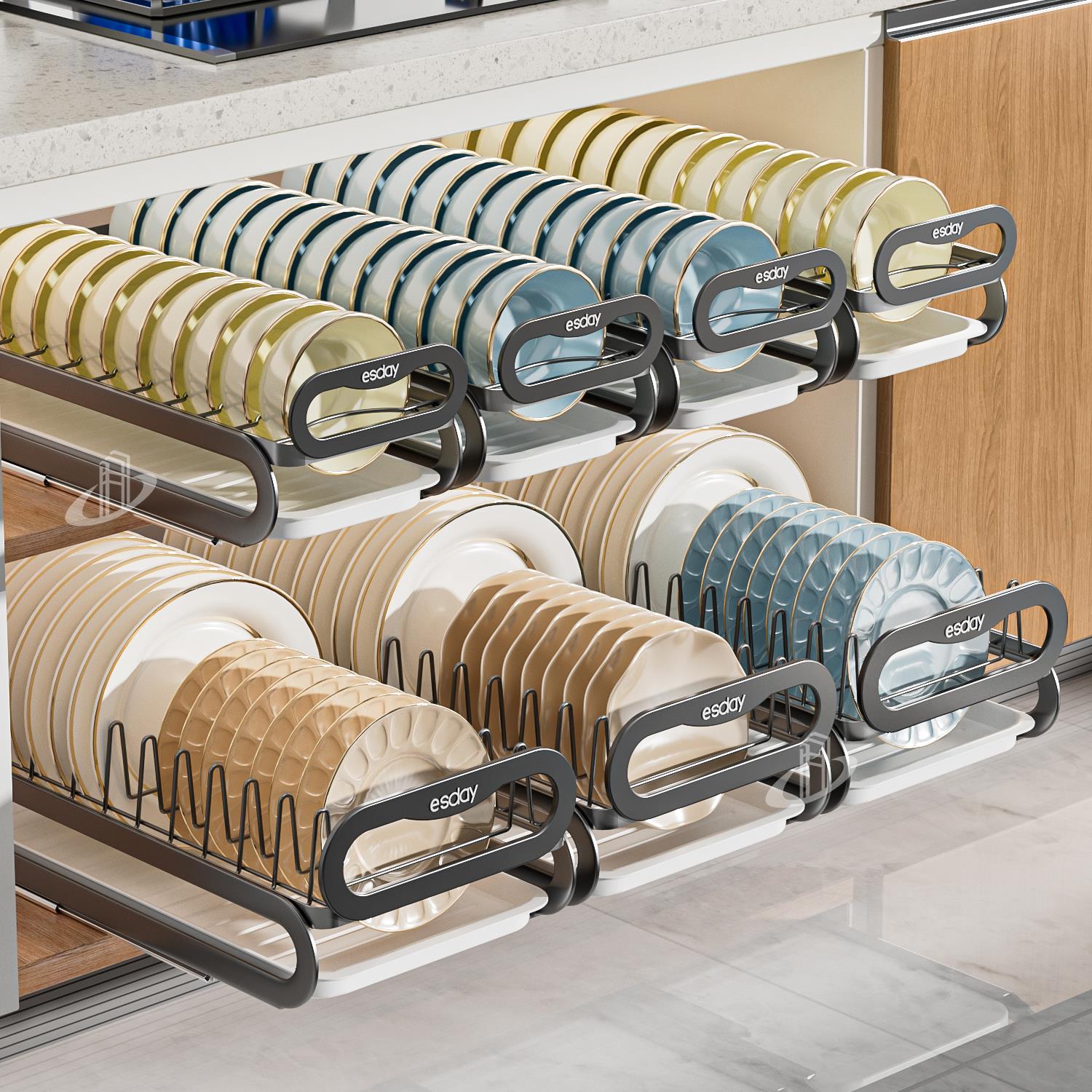 厨房抽拉碗碟收纳架橱柜内碗架拉篮抽屉式碗盘盘子置物架沥水架子