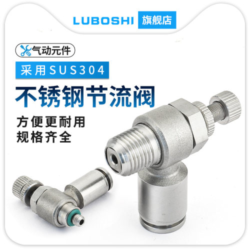 304不锈钢可调快插接头SL6-01/8-02/12-04排气节流阀气缸调速接头