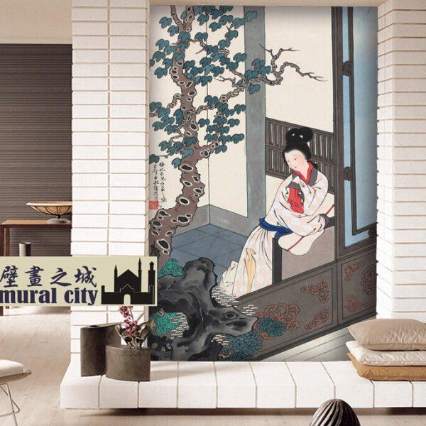 古代女子壁画墙布美人图仕女图壁纸宫女图酒店墙纸壁纸背景墙布
