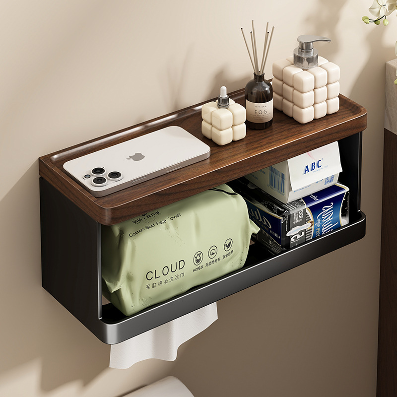 浴室胡桃木厕纸盒壁挂免打孔卫生