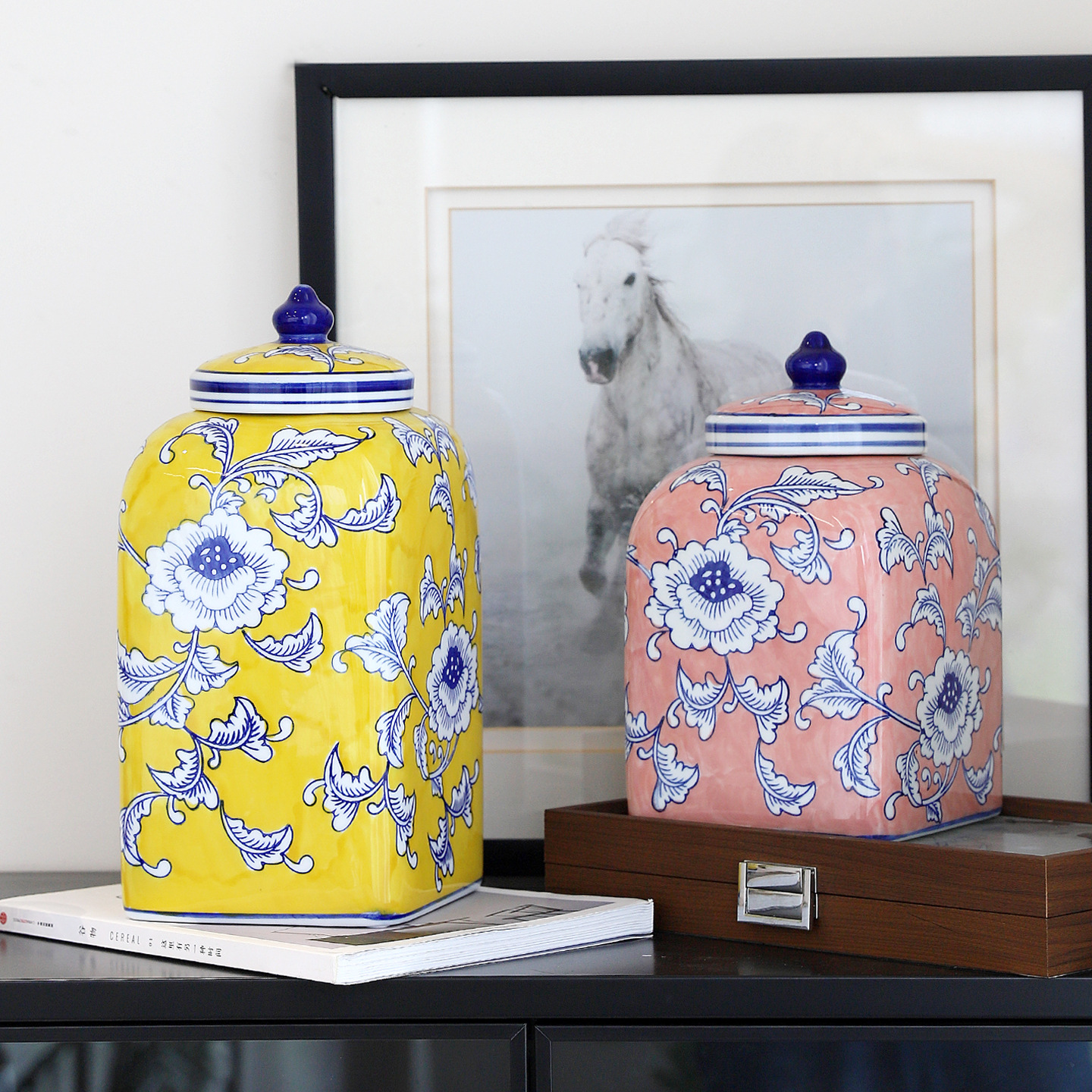 青花瓷盖坛将军罐高级感陶瓷花瓶玄关客厅摆件酒店装饰工艺品批发