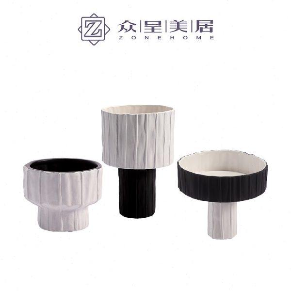 现代简约雕塑陶瓷花盆摆件样板房客厅餐桌北欧高脚果盘花器装饰品