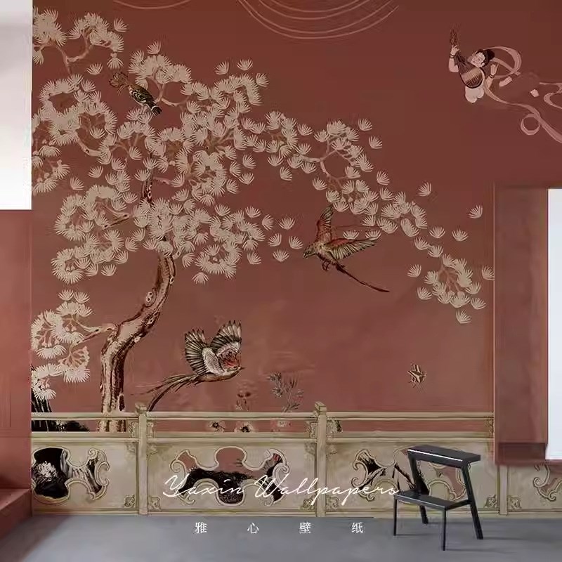 装饰壁画新中式花鸟壁纸法式复A古墙纸酒店民宿电视背景墙无缝墙