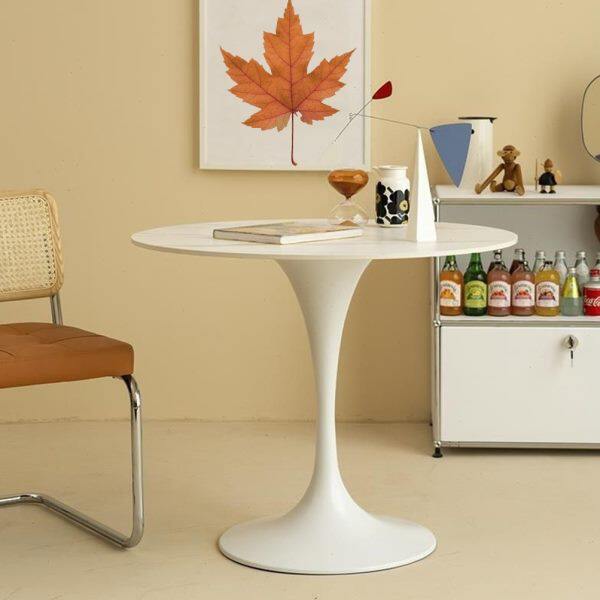 郁金香圆桌餐厅家用小户型饭桌现代简约白色圆形桌子北欧岩板餐桌