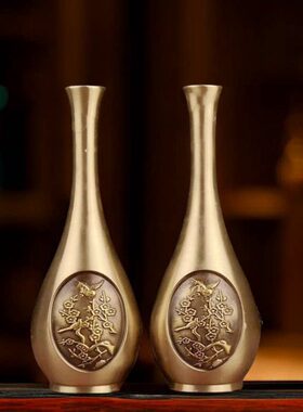 纯铜仿古喜上眉梢喜鹊干花瓶一对小鸟花瓶家居玄关办公室装饰摆件