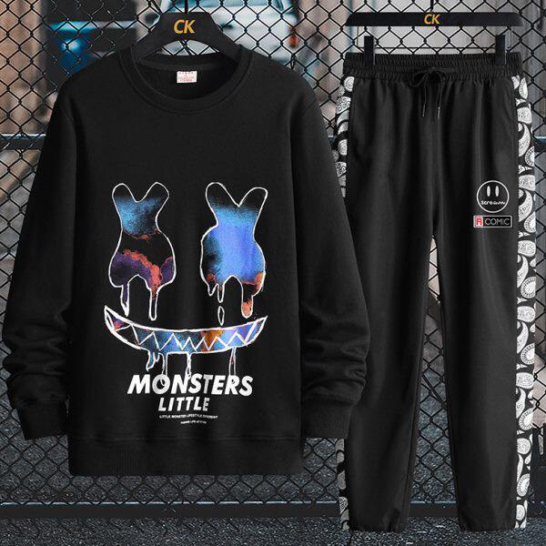 春秋长袖纯棉圆领卫衣套装潮青少年怪脸印花休闲运动服情侣两件套