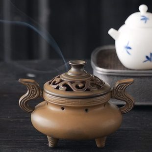 中式复古祥云入境陶瓷三足鼎立盘香炉香道香器香托香薰炉摆件送礼