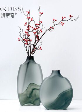 现代新中式小口灰色水墨玻璃插干花花瓶玄关边柜装饰摆件创意花器
