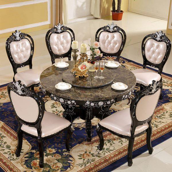 欧式大理石圆餐桌带转盘黑檀色餐桌椅组合 实木圆形吃饭桌家用8人
