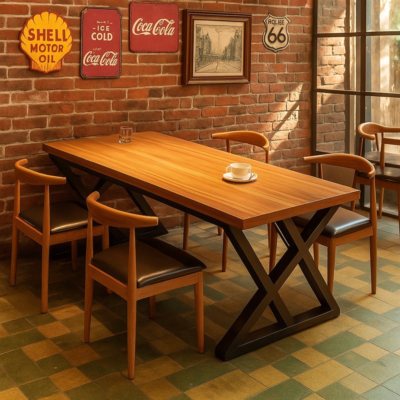 工业风铁艺咖啡店桌子烧烤店长方形餐桌椅组M合网红餐饮店一桌四