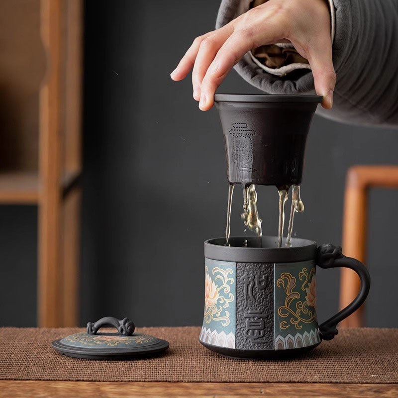 紫砂茶杯带盖茶i水分离杯过滤高档男士办公杯复古泡茶杯杯子礼品