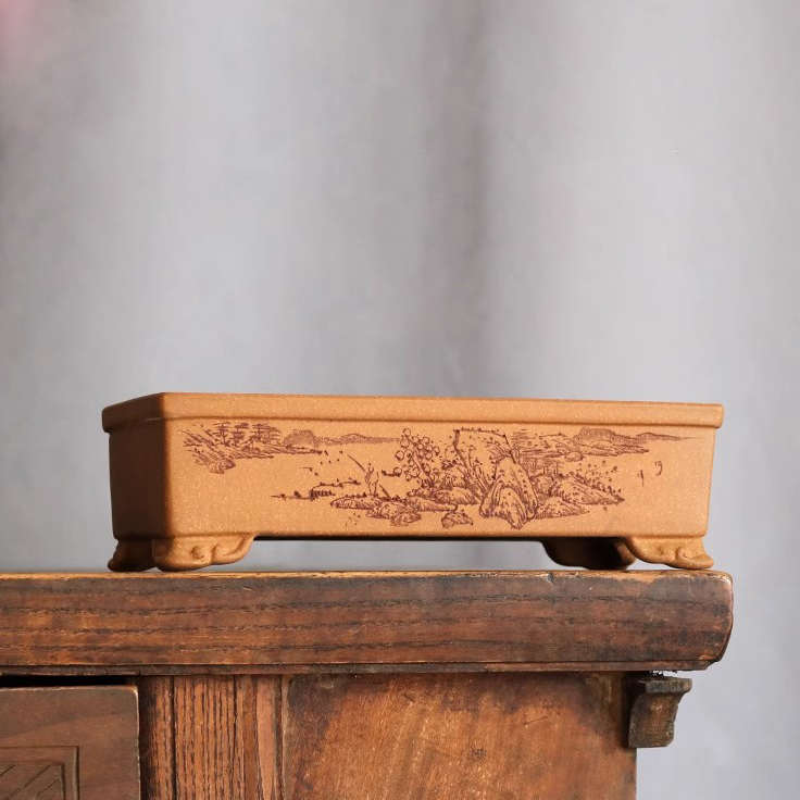 盆小品假山盆供清花盆苏兵条紫砂盆石I文竹云长方形盆景附菖蒲足