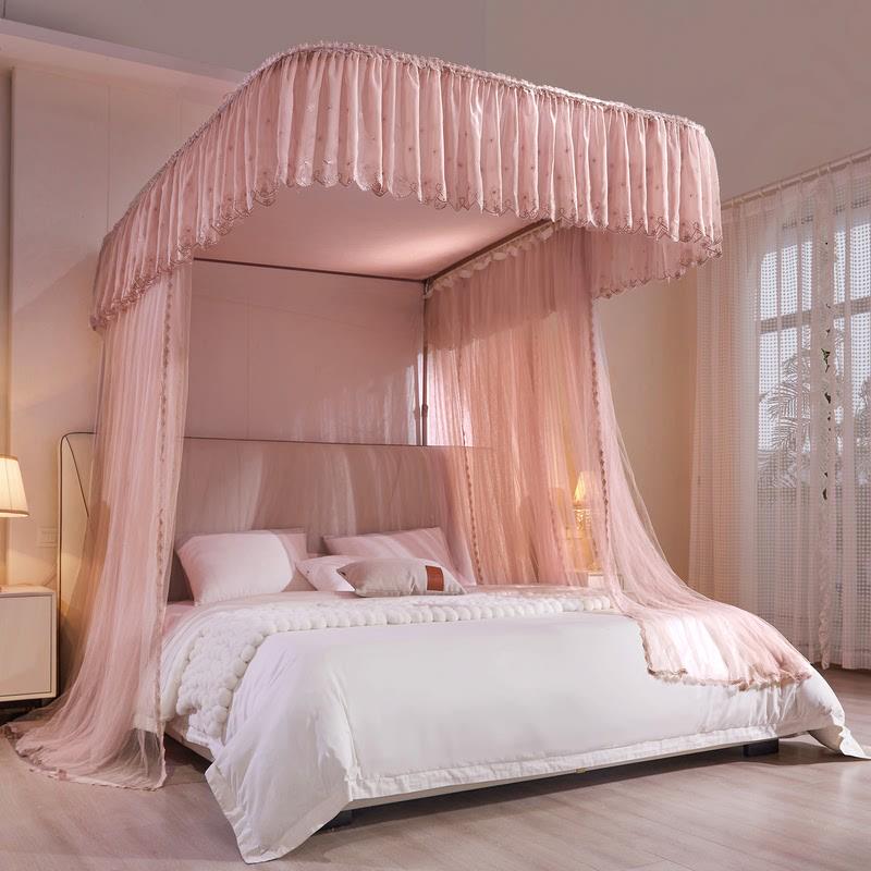 新款防尘顶eu型导轨蚊帐家用卧室三开门落地加密床幔加厚伸缩支架