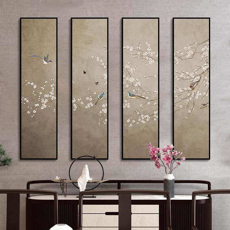 新中式装饰画客厅影视背景墙四联银杏花挂画餐厅墙面办公室壁画