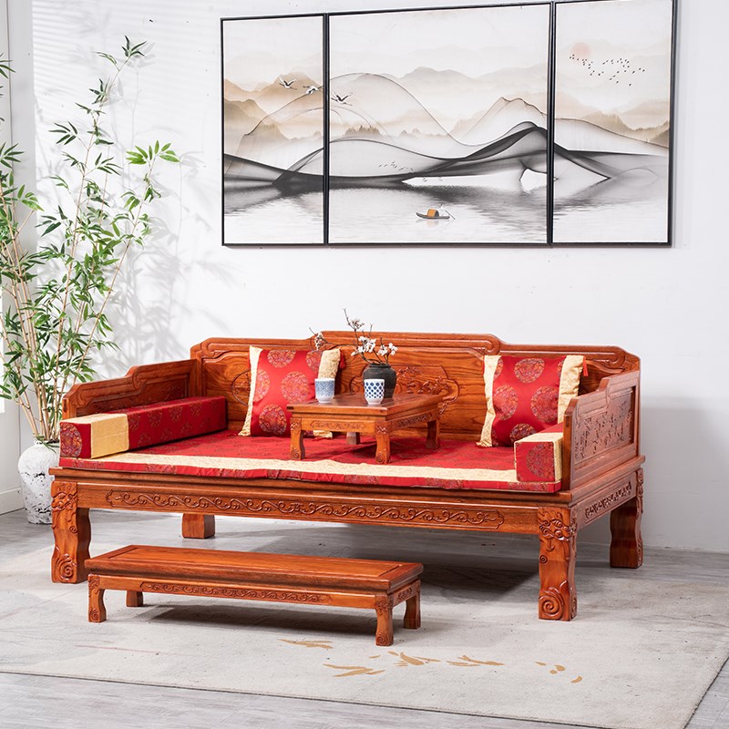 罗汉床南榆木中式家具客厅沙发小户型床垫组合T三件套民宿禅意榻