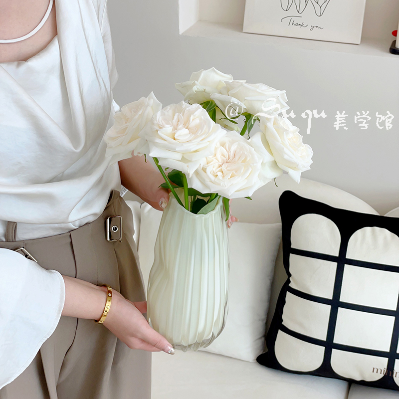 高端奶油风中古玻璃花瓶插花摆件餐桌客厅水养玫瑰V鲜花高级感网