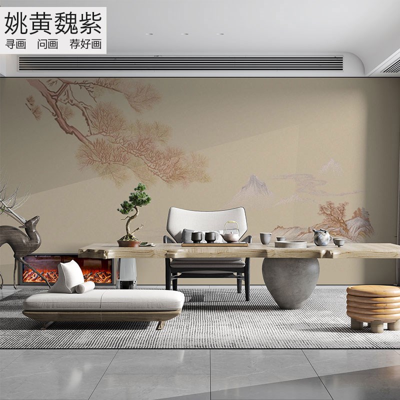刺绣壁布松柏深色订做墙r画独秀简单禅意留白绣花墙布中式沙发背