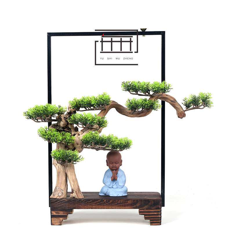 禅意家居装饰木质工艺品摆件创意手工软装玄关迎客松倒流香器摆设