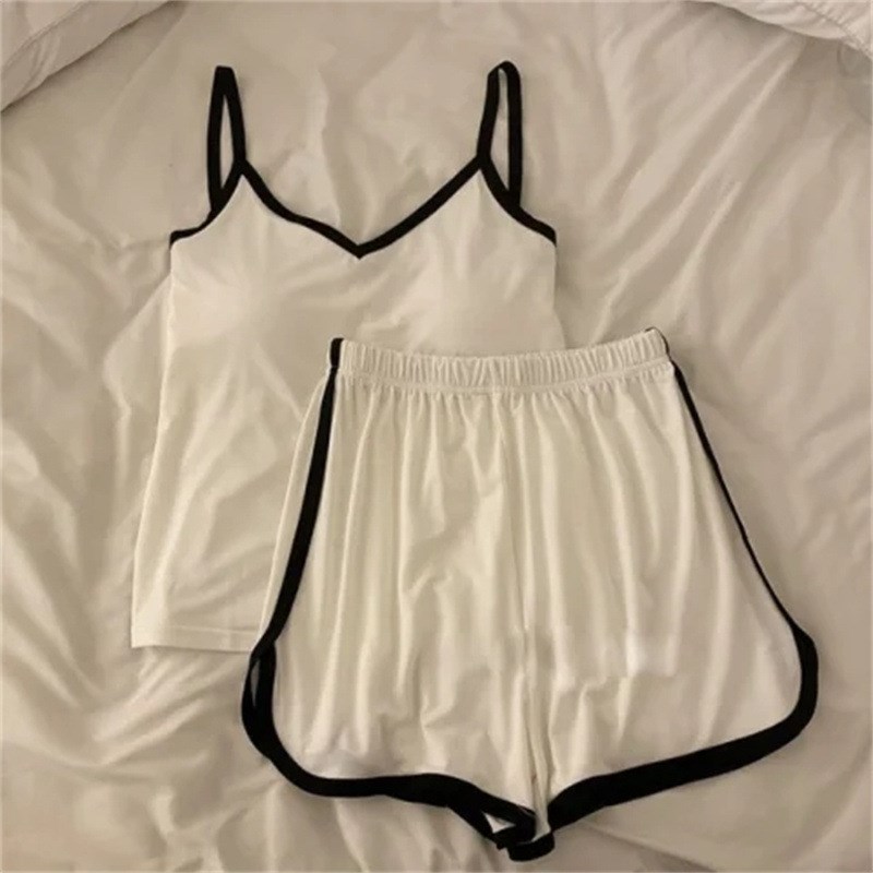 冰丝螺纹吊带睡衣女夏天q带胸垫套装少女2025薄款运动风家居服