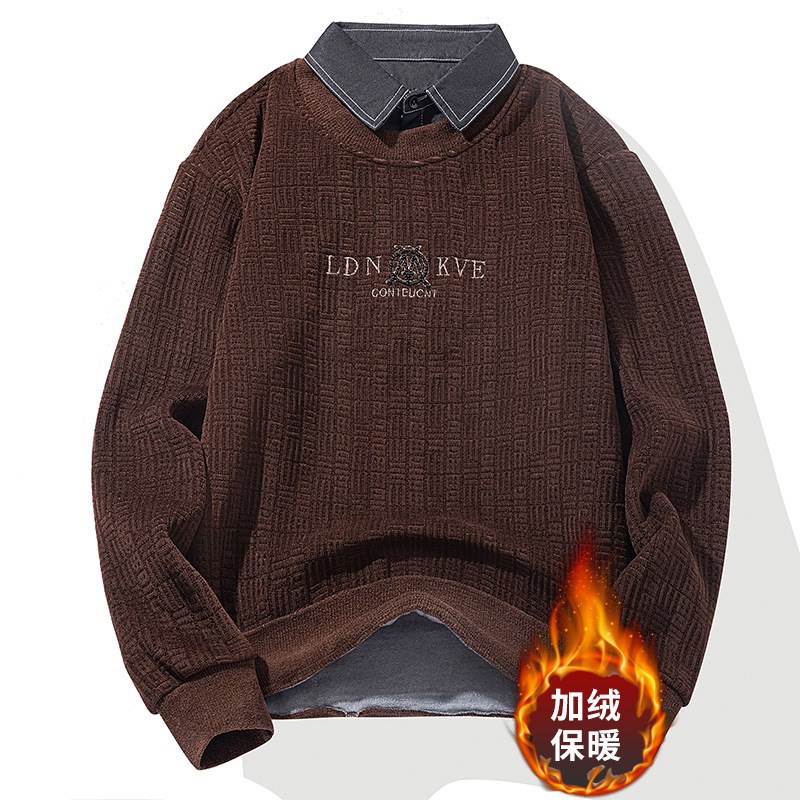 秋冬休闲打底衫毛衣潮男士上衣假两件J卫衣加绒加厚衬衫领上衣