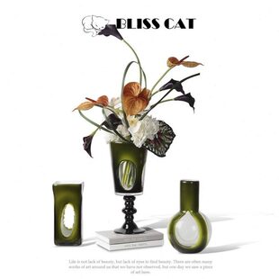 现代艺术绿色中古花瓶插花样板房花艺客厅玄关餐桌玻璃花器装饰品