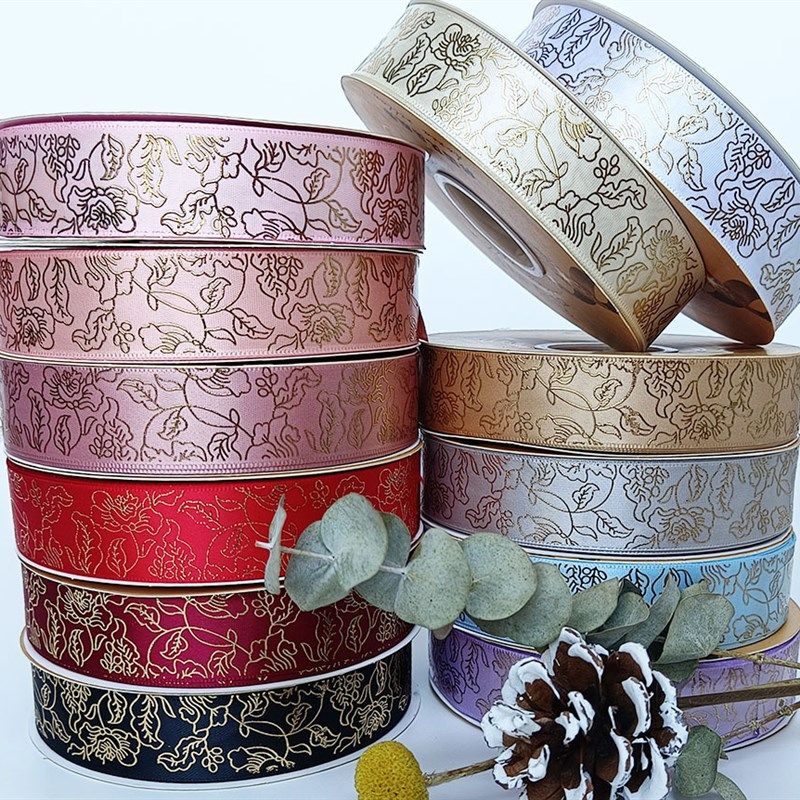 鲜花包装热固烫金丝带牡丹花蛋糕玫瑰花涤纶织带S蛋糕礼盒彩带印