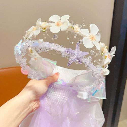 女童超仙会发光蓬蓬纱p头箍儿童头纱公主花环头饰女孩可爱花朵发