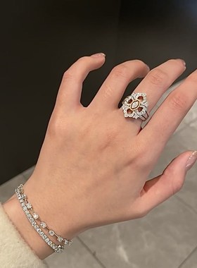 法式欧美高级感布契风银色蕾丝镂空镶钻戒指N中古精致白金双色指