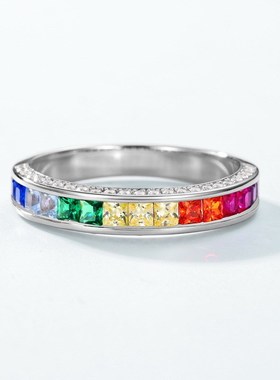 跨境新款夏日清新彩虹锆石戒指女S925银K镶多色彩宝食指戒欧美简