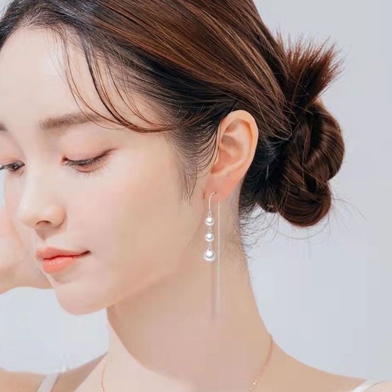新款S925银i防过敏小众百搭耳饰耳环耳钉贝珠珍珠流苏长款气质耳