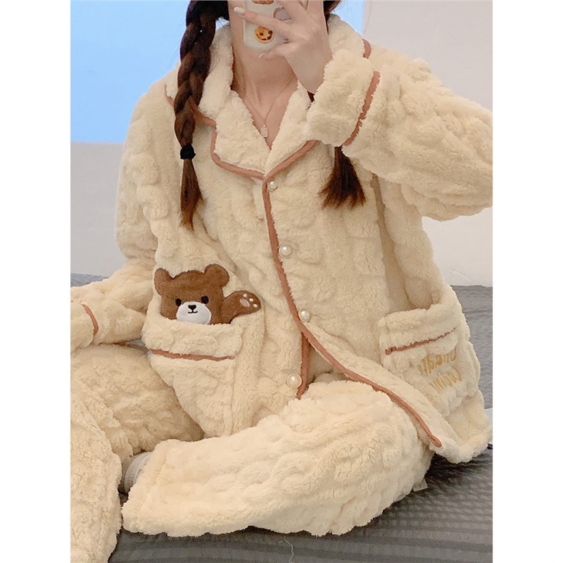 睡衣女冬季加厚保暖珊瑚绒套装202E5年新款卡通秋冬款法兰绒家居