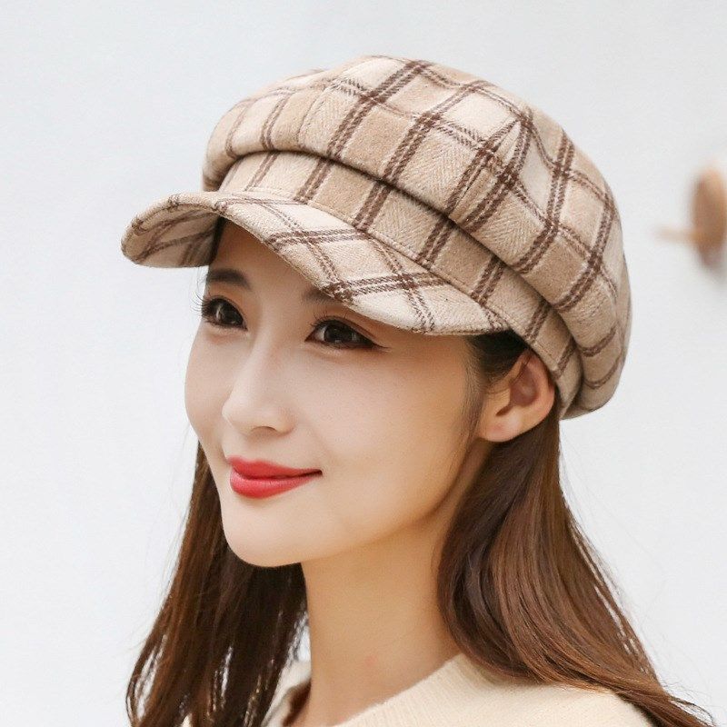 新款英伦格子帽子休闲毛呢鸭v舌帽韩版硬顶贝雷帽子秋冬硬顶八角