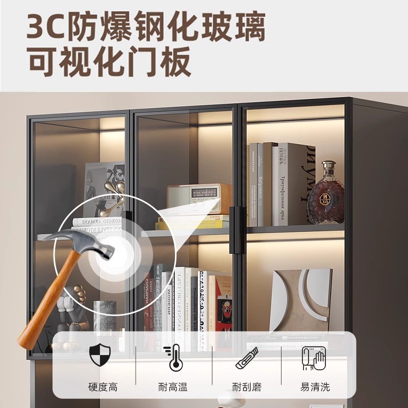 书柜带玻璃门防尘轻奢靠墙储物柜子手办展示柜陈列置物柜落地书架