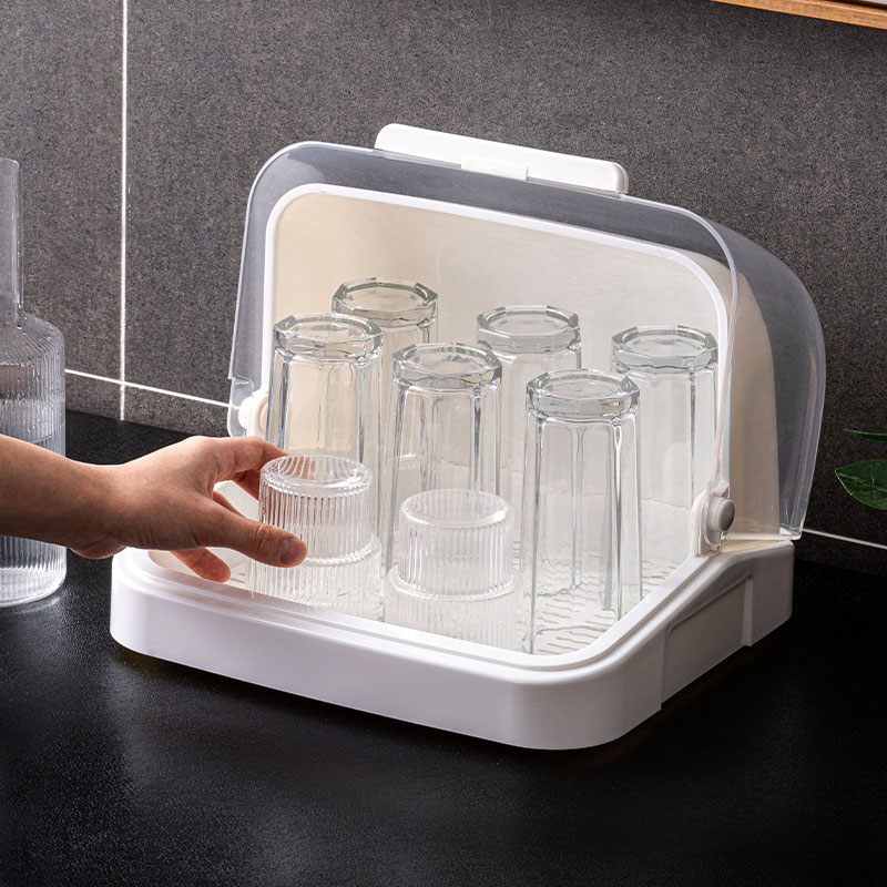 防尘放奶瓶杯子收纳盒家用玻璃茶杯架沥水托盘置物带盖厨房放碗架