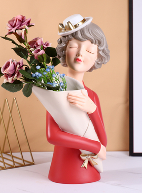 捧花女孩摆件轻奢风酒柜装饰品客厅电视柜家居桌面摆设干花瓶插花