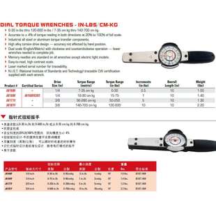 扭力扳手 表盘式 扭矩扳手 75in.lbs 指针式 J6169FCERT 4方